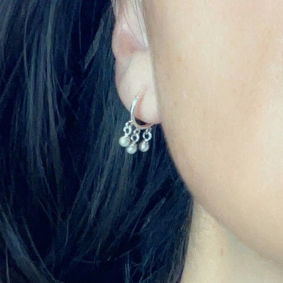 Sterling Silver Huggie Hoop Earrings with Pearl Drop​ - Picture 4 of 9